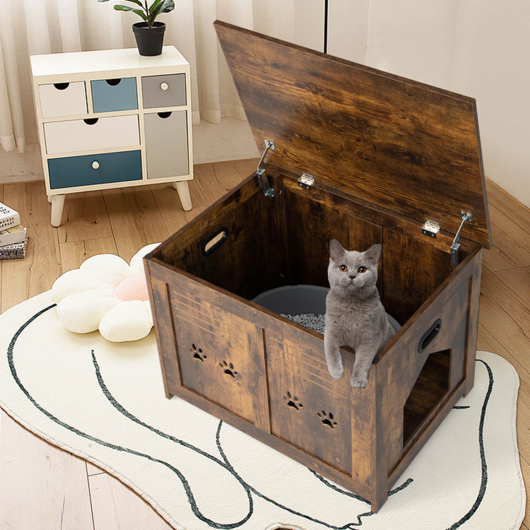 Flip-Top Hidden Cat Washroom Bench with Side Entrance-BrownCostway Gallery View 6 of 11